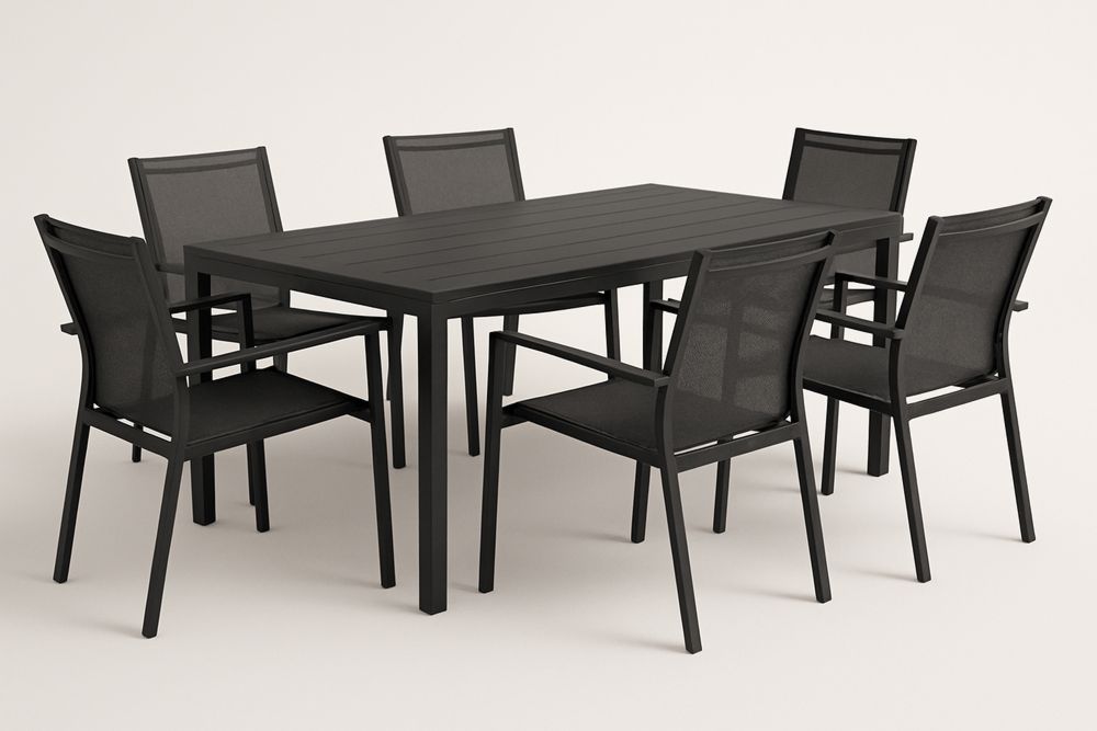 Kültéri étkezőasztal szett 6 székkel fekete alumínium textilén