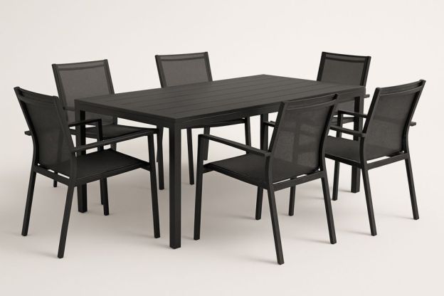 Kültéri étkezőasztal szett 6 székkel fekete alumínium textilén