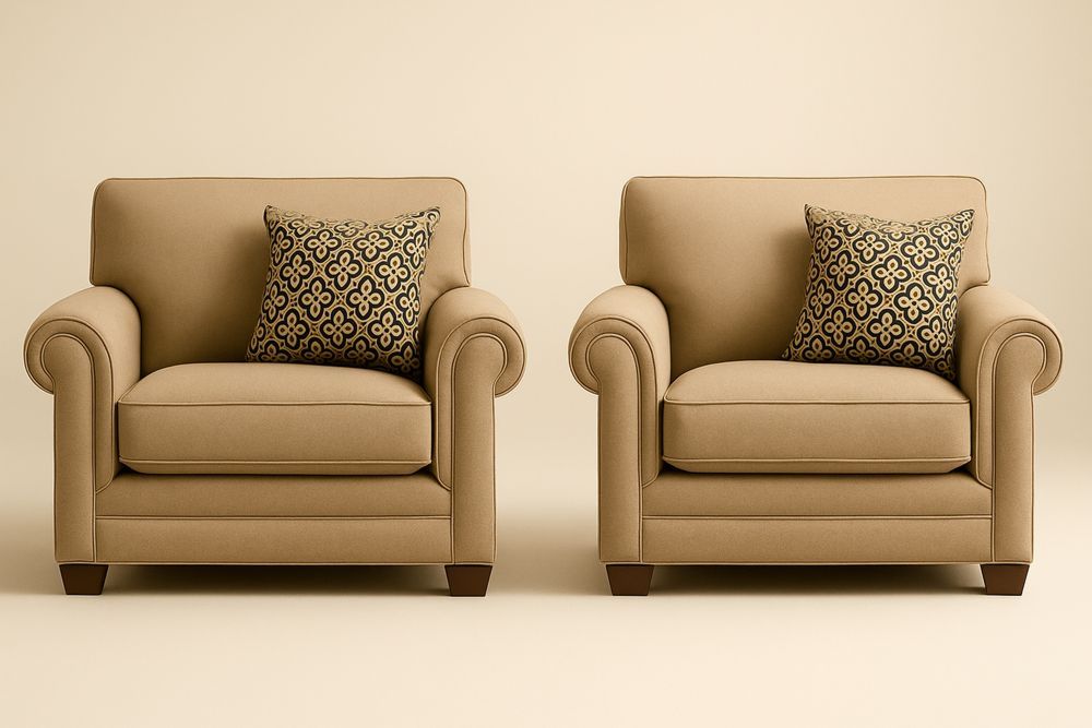 Két darabos bézs szövet fotel szett mintás párnákkal