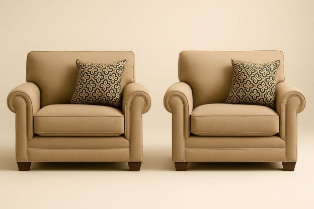 Két darabos bézs szövet fotel szett mintás párnákkal