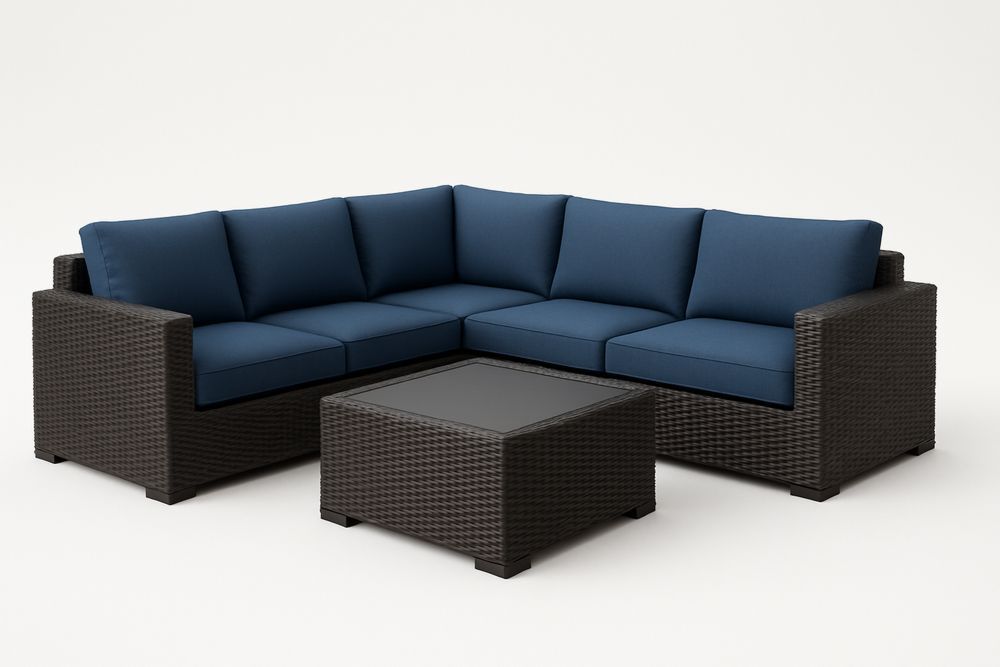 Kültéri műrattan sarok ülőgarnitúra antracit színben kék párnákkal