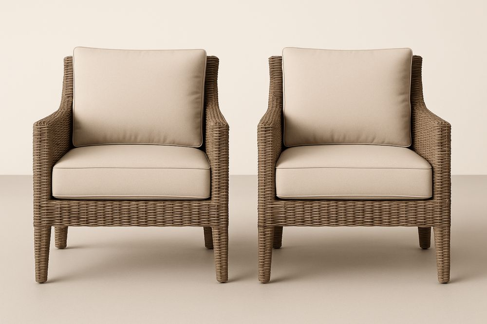 Kültéri fonott karosszékek barna vázzal és bézs párnákkal