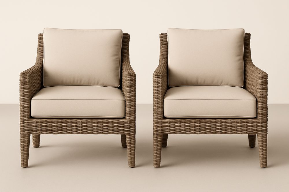 Kültéri fonott karosszékek barna vázzal és bézs párnákkal