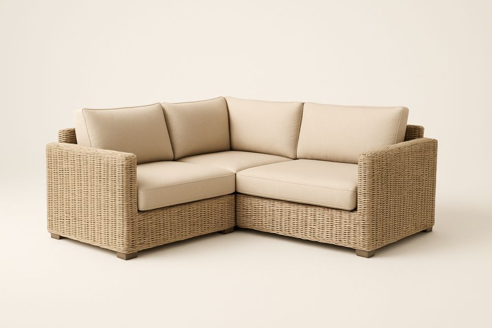 Sarokülőgarnitúra poliészter huzattal és PE rattan vázzal, bézs, 200cm x 200cm x 75cm