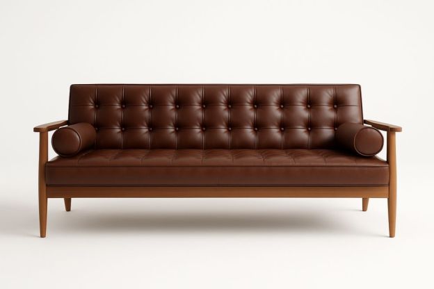 3 személyes kanapé bőr borítással, fa vázzal