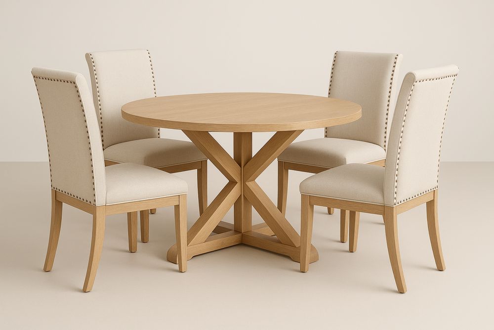 Kerek étkezőasztal szett tömör fa asztallal és 4 kárpitozott székkel, Világos fa/Bézs