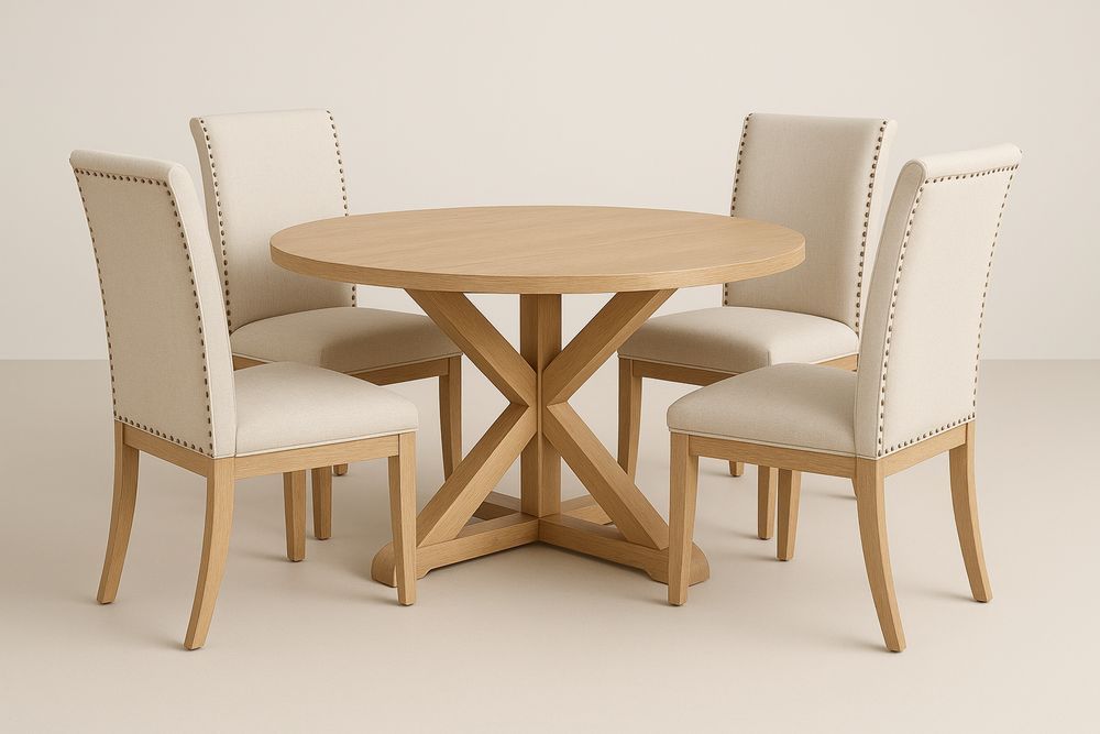 Kerek étkezőasztal szett tömör fa asztallal és 4 kárpitozott székkel, Világos fa/Bézs