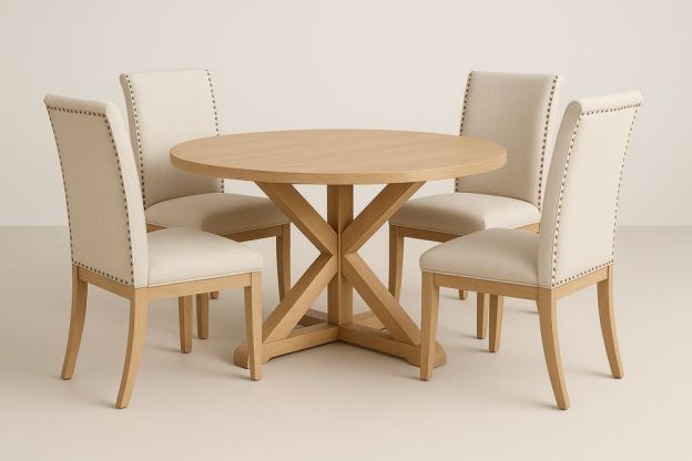 Kerek étkezőasztal szett tömör fa asztallal és 4 kárpitozott székkel, Világos fa/Bézs