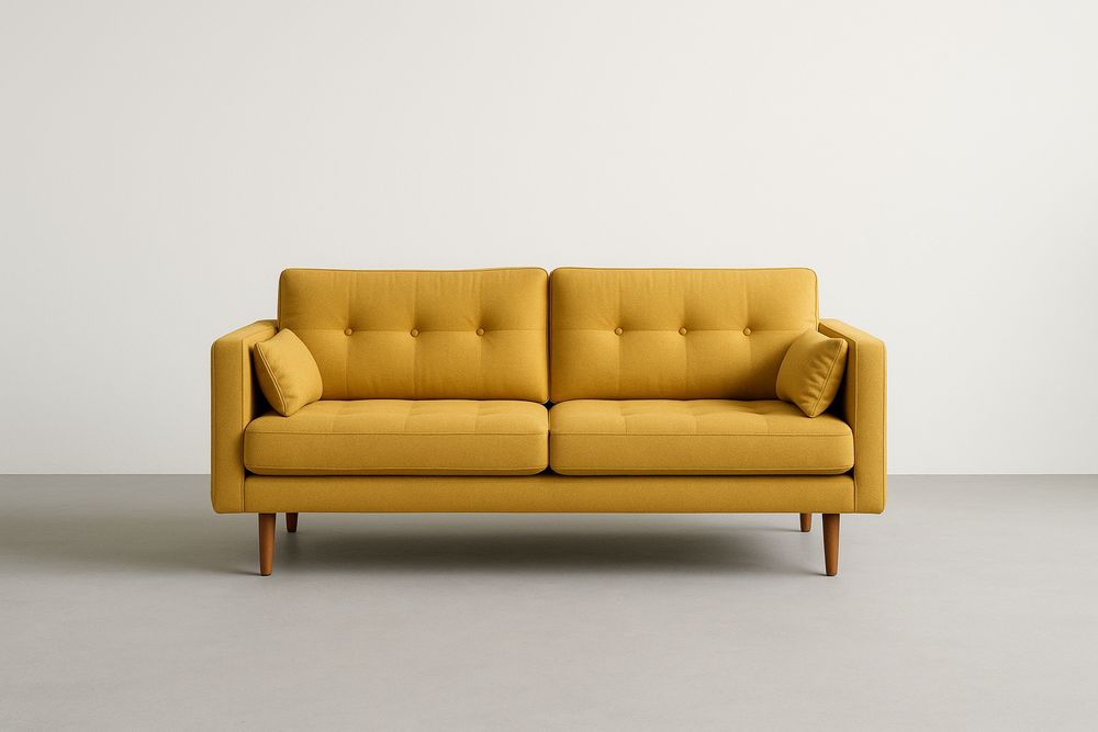 Kétszemélyes kanapé poliészter huzattal és fa lábakkal