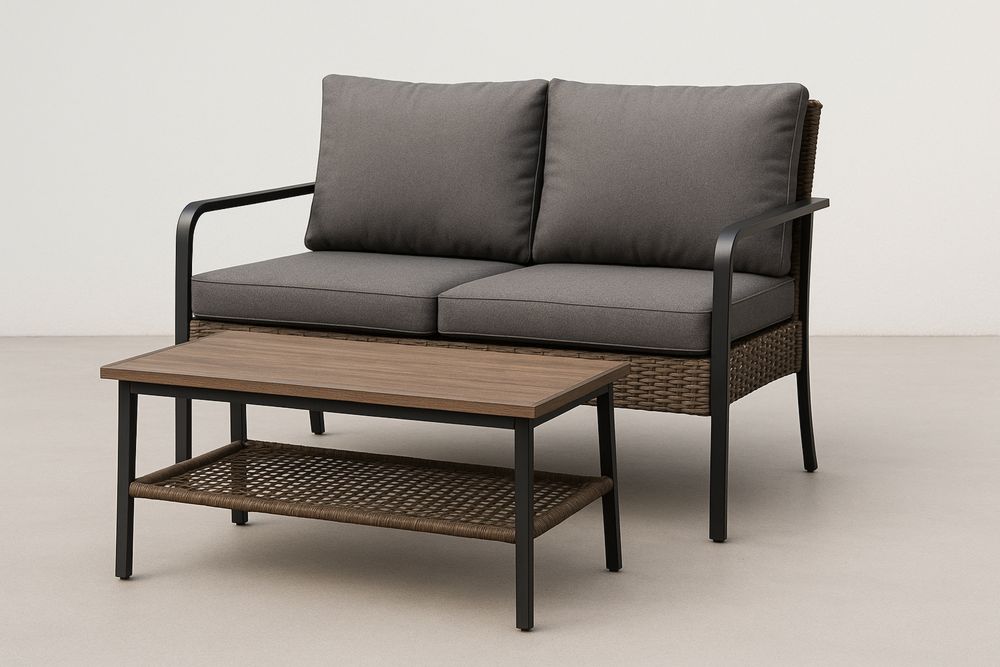 Kültéri kétüléses kanapészett fém kerettel és polyrattan lappal