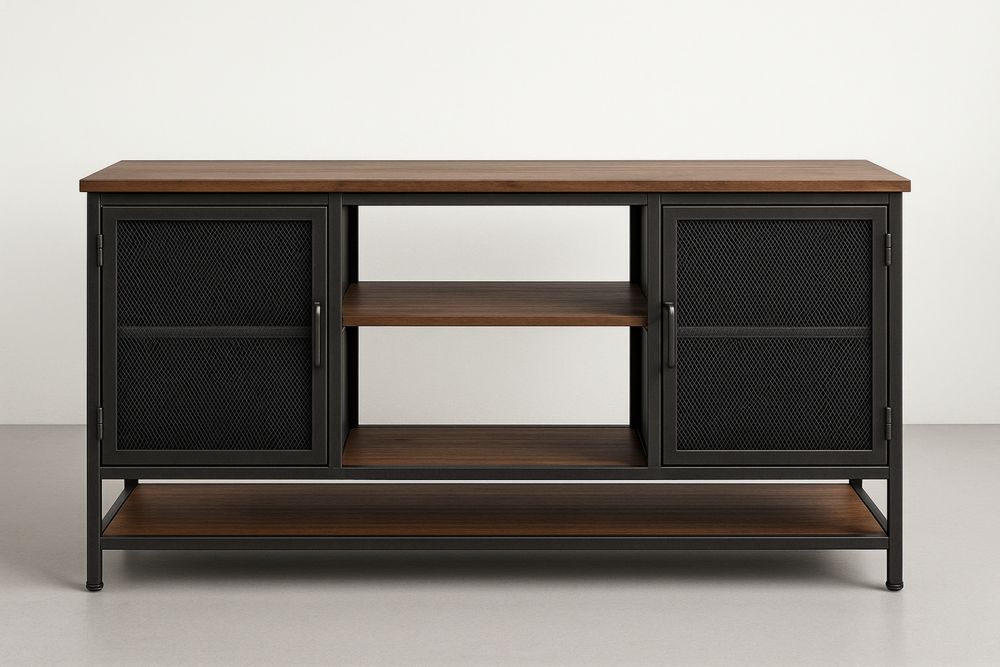 Fém és MDF tálalószekrény hálós ajtókkal, dióbarna/fekete