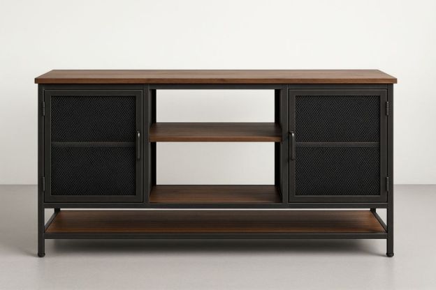 Fém és MDF tálalószekrény hálós ajtókkal, dióbarna/fekete