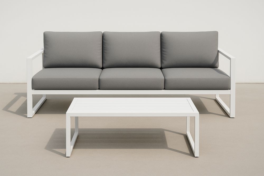 Alumínium Kerti Kanapé Szett Szürke Párnázattal és Fehér Asztallal