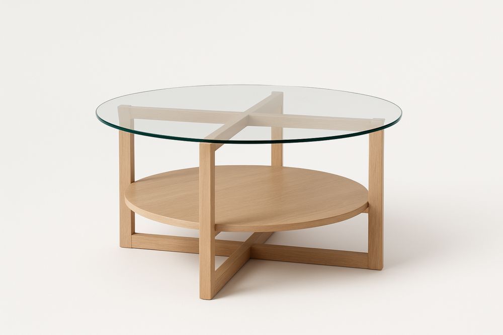 Kerek dohányzóasztal edzett üveglappal és MDF alsó polccal 80 cm