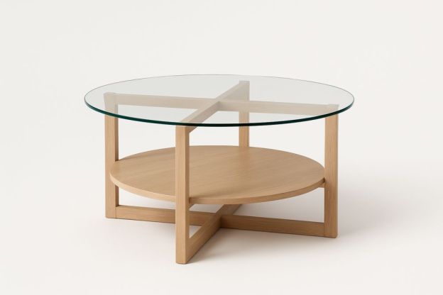 Kerek dohányzóasztal edzett üveglappal és MDF alsó polccal 80 cm