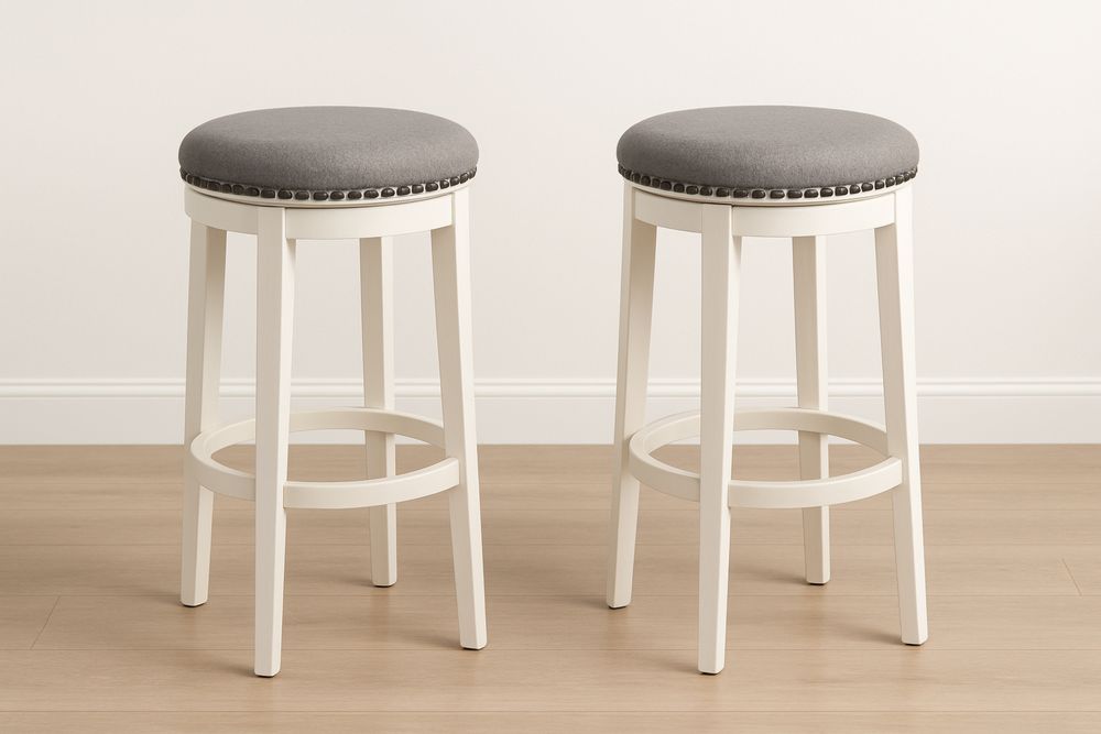 Két darabos bárszék szett szürke kerek ülőfelület fehér fa váz 76cm