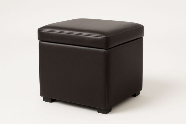 Barna műbőr kocka alakú puff tárolóval