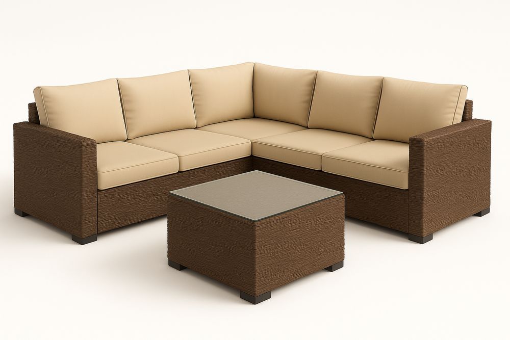 Sarok kerti ülőgarnitúra PE rattan szett edzett üvegasztallal, bézs párnákkal