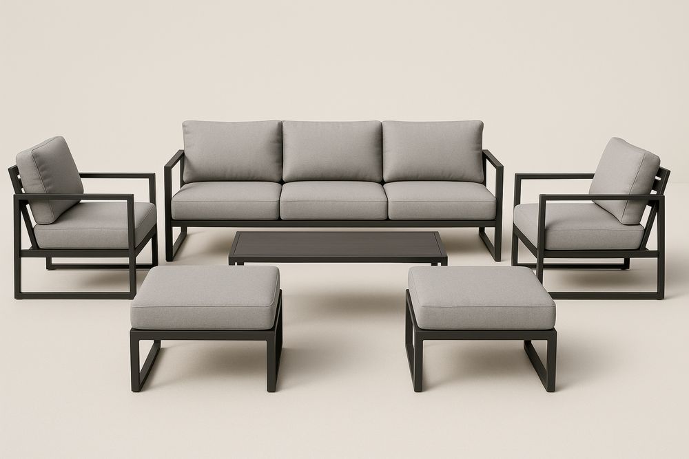 Kerti bútorgarnitúra szürke alumínium keret három személyes kanapé 2 fotel 2 lábtartó dohányzóasztal