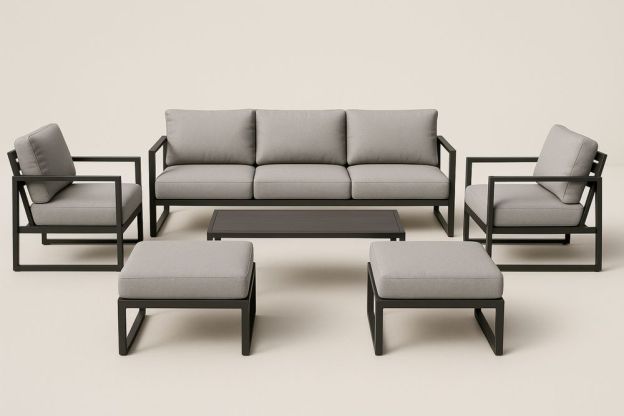 Kerti bútorgarnitúra szürke alumínium keret három személyes kanapé 2 fotel 2 lábtartó dohányzóasztal