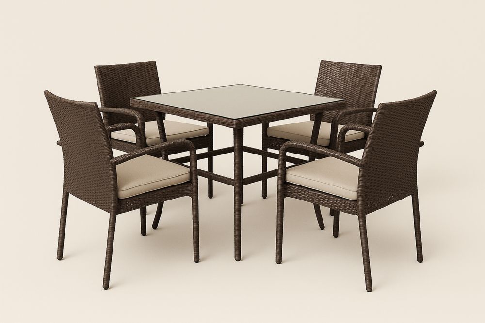 Rattan kerti étkező garnitúra edzett üveg asztallappal, 4 személyes, barna