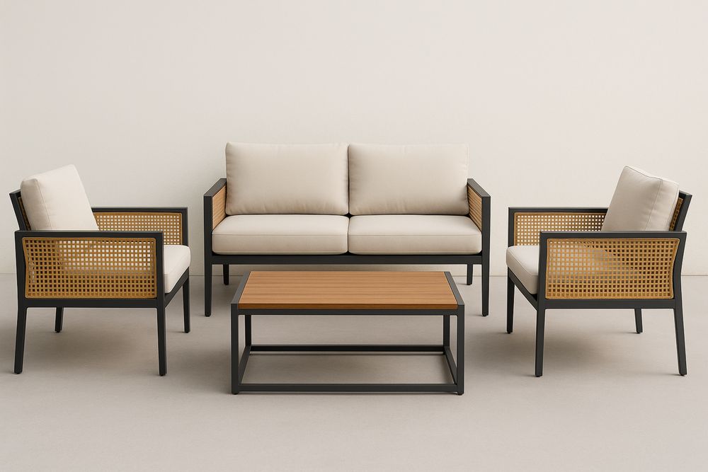 Kerti ülőgarnitúra fémvázzal és fa betéttel bézs párnákkal