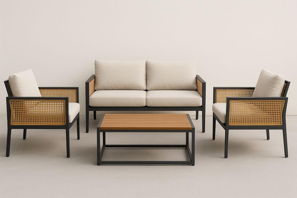 Kerti ülőgarnitúra fémvázzal és fa betéttel bézs párnákkal