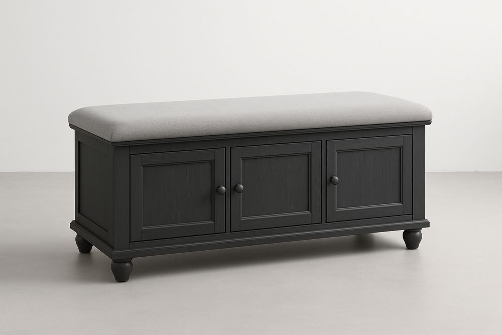 Fekete MDF Tároló Pad Szürke Poliészter Ülőfelülettel