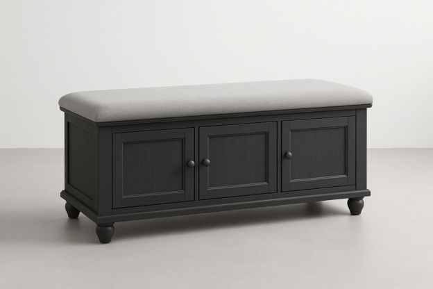 Fekete MDF Tároló Pad Szürke Poliészter Ülőfelülettel