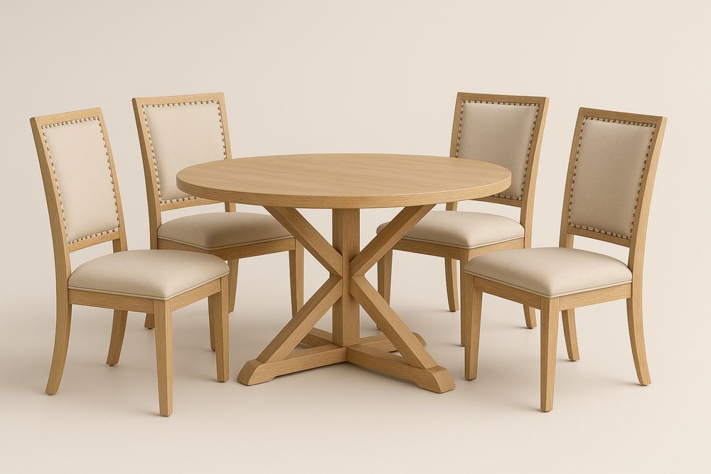 Kör alakú tölgyfa étkezőasztal és 4 szék szett bézs kárpittal