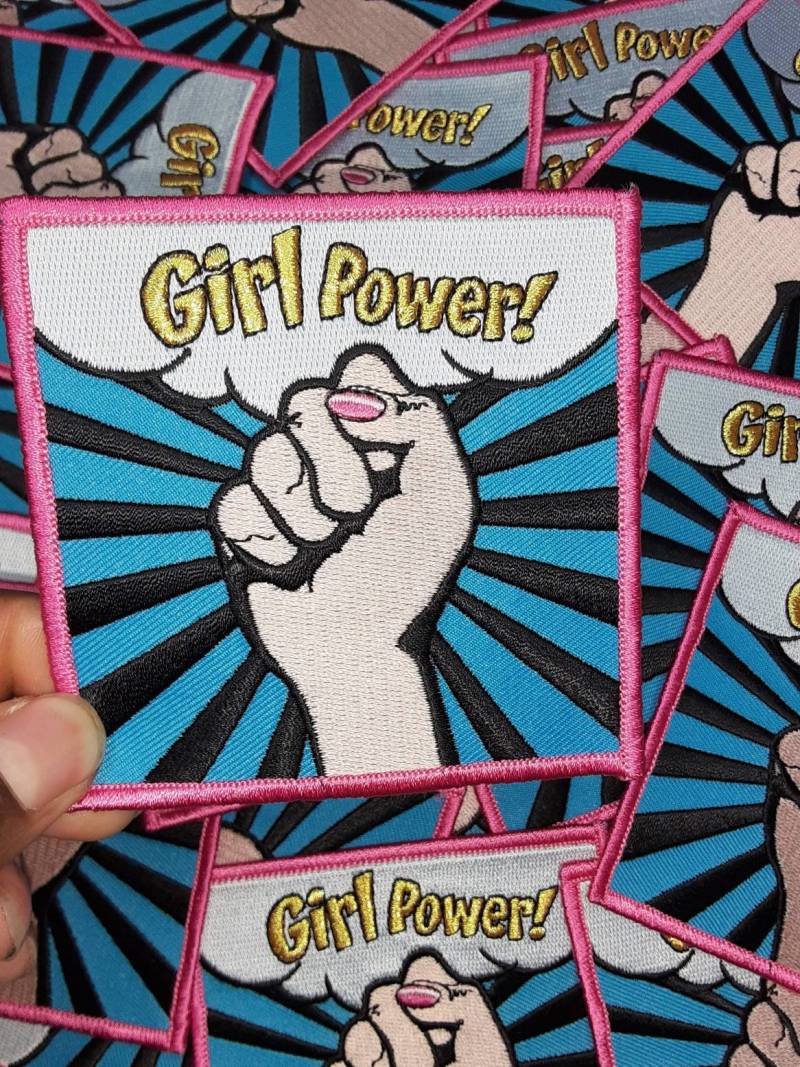 Exclusive "Girl Power" (Caucasian) Iron-on Embroidered Patch; Grl Pwr, Feminist Patch, Size 3"x3"