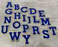 Patch Party Club, (1-pc) Blue & White w/ GOLD Glitter Chenille iron-on letters, Size 2.75” OVERSTOCK not all letters available, 10 pcs minimum purchase, For Hats, DIY Crafts, Jackets, Junk Socks, and More