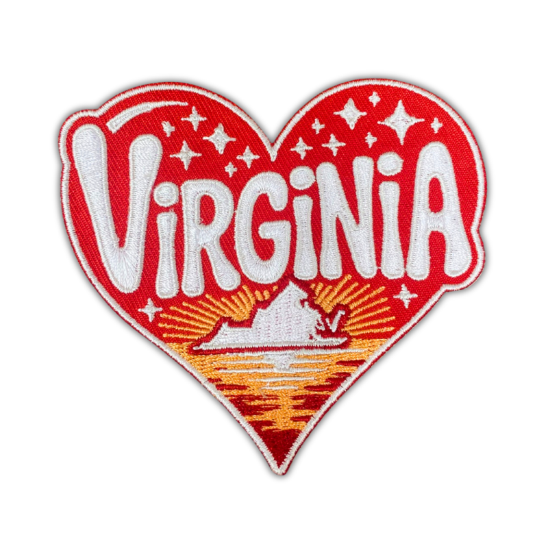 Patch Party Club (1-pc), 3.5” Virginia Heart Sunrise Patch with 3M Adhesive Backing – Perfect for Hats, Bags, Jackets, DIY Projects & Clothing
