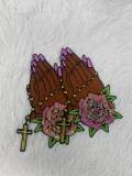 1-pc "Praying Hands" w/ Cross and Flowers, Sequins & Satin Patch, 6" Iron-on Applique, Large Back Patch, Garment Patch, DIY Projects