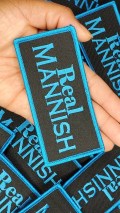 New Arrival,"Real Mannish" Men's Iron-on Patch, Size 3"x2", Blue & Black Embroidered Patch for Clothing, Hats, and More