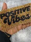 New, Gold "POSITIVE VIBES" Blinged Out, Dripping Rhinestone Patch w/ Adhesive, Bling Applique, Size 4" Czech Rhinestones, DIY Applique