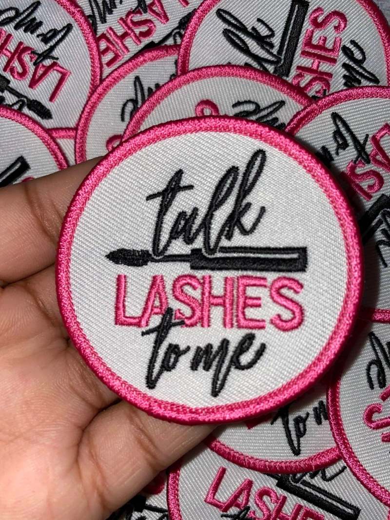 NEW,"Talk Lashes To Me", 1 Pc. Makeup Lovers Badge, Iron-on Merit Badge, 100% Embroidered, DIY Appliques, Great for MUA's & Women, 2.5 in"