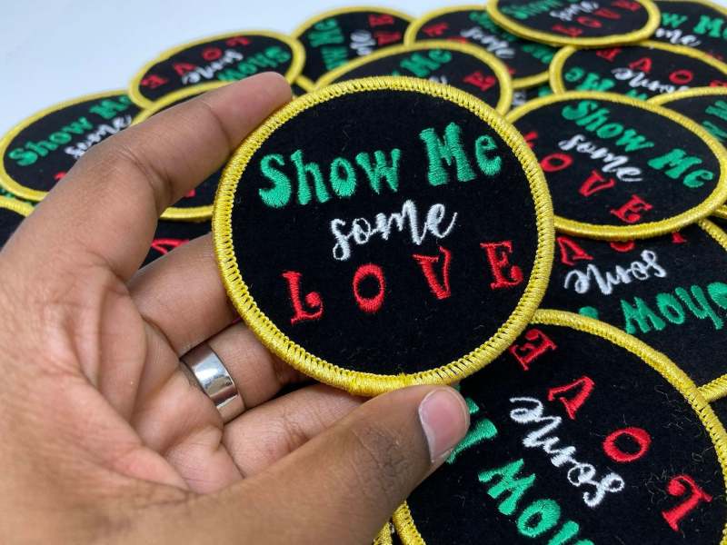 New Arrival, "Show Me Some Love, VELVET Motivational Quote Patch, 3" inch, Diy Applique, Iron-on Patch, Jacket Patch, Red/Green/Gold/Black