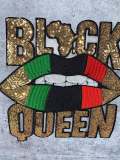 New, Sequins,"Black Queen" Gold/Green/Black/Red Lips, (iron-on) Size 10.5", LARGE Bling Patch for Denim Jacket, Shirts, Hoodies, and More