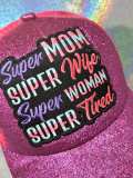 New, "Super Mom, Super Wife, Super Tired" Purple Messy Bun/Ponytail Glitter Hat, Sparkling Bad Hair Day Hat, Gift for Her, Fashionable Hats