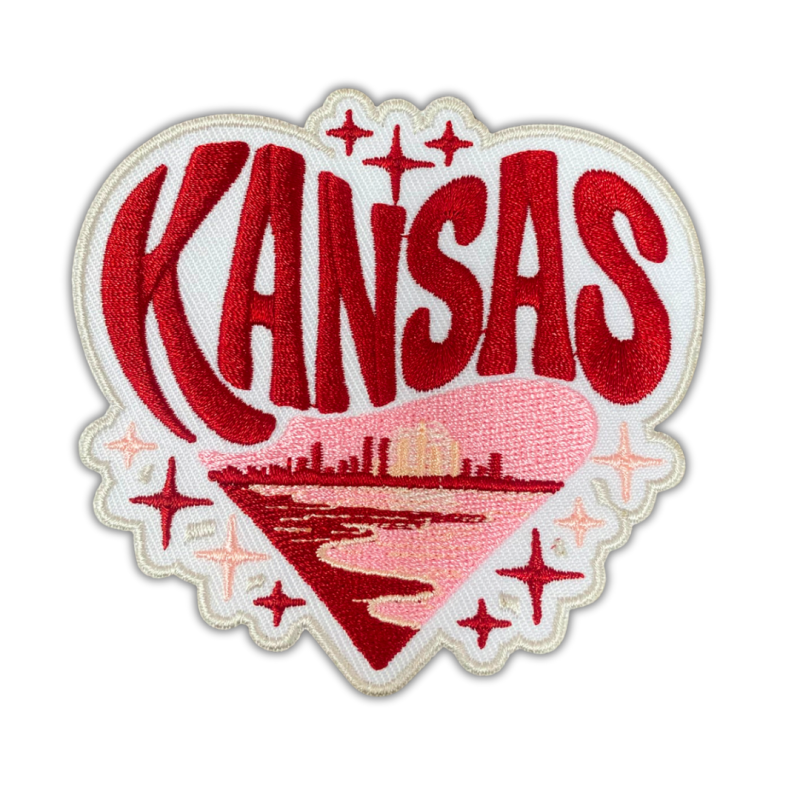 Patch Party Club (1-pc), 3.5” Kansas Heart Skyline Patch with 3M Adhesive Backing – Perfect for Hats, Bags, Jackets, DIY Projects & Clothing