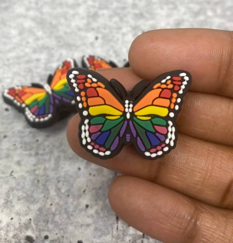 Cute, 1-pc Rainbow "Butterfly" Croc Charms for Pride Month, Trendy Rubber Charm for Shoes and Silicone Bracelets, PRIDE Charm
