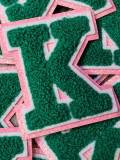 1-pc Green Letter "K" Chenille & Pink Glitter, w/ White Felt, Size 2.75" Varsity Letter Patch with Iron-on Backing, Small Chenille Letters