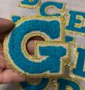 Patch Party Club, (1-pc) Teal & Cream w/ GOLD Glitter Chenille iron-on letters, Size 2.75” OVERSTOCK not all letters available, 10 pcs minimum purchase, For Hats, DIY Crafts, Jackets, Junk Socks, and More (Copy)