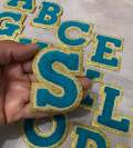 Patch Party Club, (1-pc) Teal & Cream w/ GOLD Glitter Chenille iron-on letters, Size 2.75” OVERSTOCK not all letters available, 10 pcs minimum purchase, For Hats, DIY Crafts, Jackets, Junk Socks, and More (Copy)