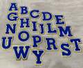 Patch Party Club, (1-pc) Blue & White w/ GOLD Glitter Chenille iron-on letters, Size 2.75” OVERSTOCK not all letters available, 10 pcs minimum purchase, For Hats, DIY Crafts, Jackets, Junk Socks, and More