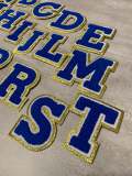 Patch Party Club, (1-pc) Blue & White w/ GOLD Glitter Chenille iron-on letters, Size 2.75” OVERSTOCK not all letters available, 10 pcs minimum purchase, For Hats, DIY Crafts, Jackets, Junk Socks, and More