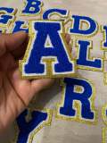 Patch Party Club, (1-pc) Blue & White w/ GOLD Glitter Chenille iron-on letters, Size 2.75” OVERSTOCK not all letters available, 10 pcs minimum purchase, For Hats, DIY Crafts, Jackets, Junk Socks, and More
