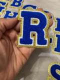 Patch Party Club, (1-pc) Blue & White w/ GOLD Glitter Chenille iron-on letters, Size 2.75” OVERSTOCK not all letters available, 10 pcs minimum purchase, For Hats, DIY Crafts, Jackets, Junk Socks, and More