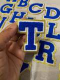 Patch Party Club, (1-pc) Blue & White w/ GOLD Glitter Chenille iron-on letters, Size 2.75” OVERSTOCK not all letters available, 10 pcs minimum purchase, For Hats, DIY Crafts, Jackets, Junk Socks, and More